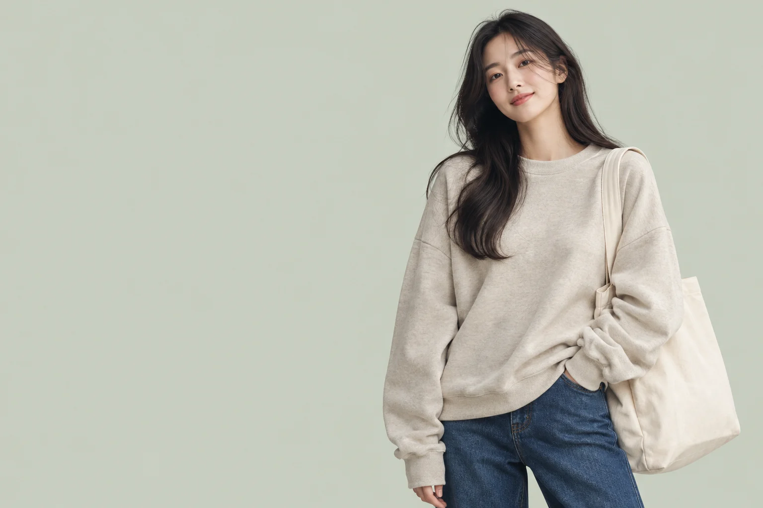 Model with canvas tote against a muted sage background