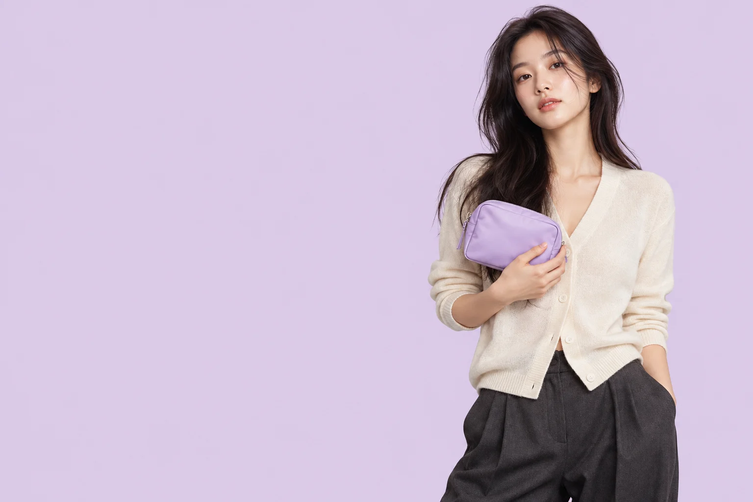 Model holding a lilac pouch against a pale lilac background